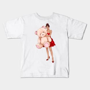 african woman teddy bear art Kids T-Shirt